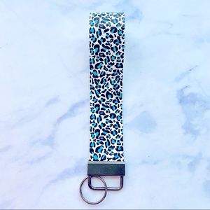 Teal leopard print keychain vegan leather
